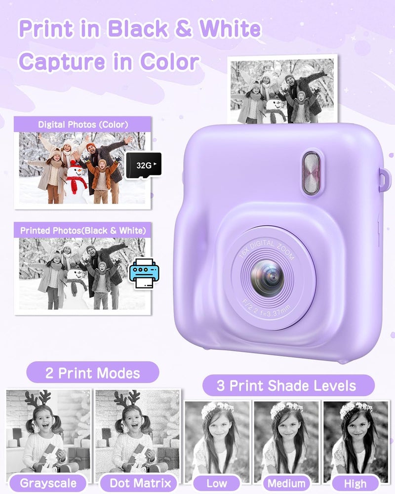 Fulealfly Kids Camera Instant Print for Girls Boys with Print Paper & 32GB Card, Age 3-12 Kids Toys Christmas Birthday Gifts(Purple) - Image 3